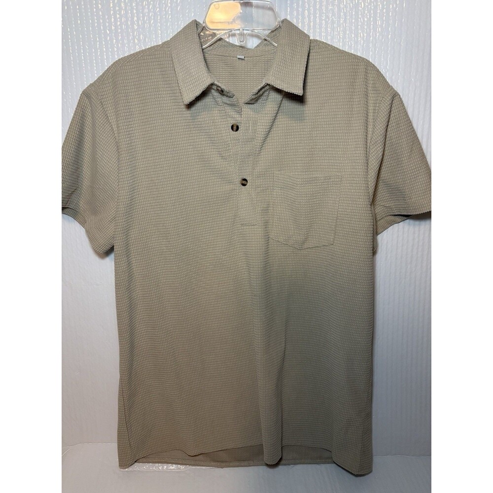 Men’s Tan Waffle Polo Shirt Breast Pocket Button Collar Thick Sz. L ,Beige
